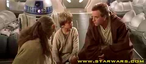 Qui-Gon, R2-D2, Anakin, and Obi-Wan