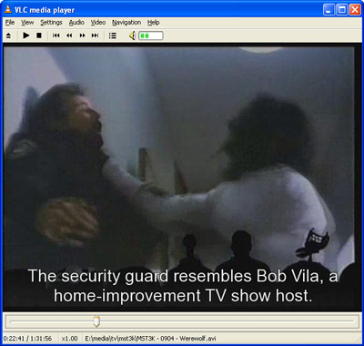 VLC playing MST3K 0904 (Werewolf) with subtitle annotations
